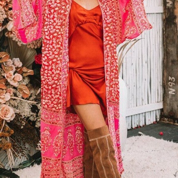 Boho PinkRed floral maxi long kimono beach coverup - Picture 4 of 4